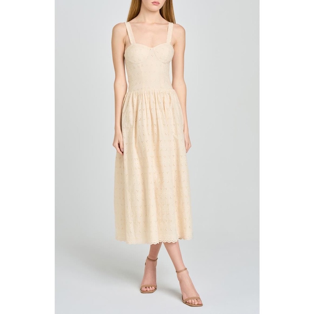 WAYF Women Lillian Eyelet Bustier Midi Dress Cream S Cottagecore Sweetheart Neck